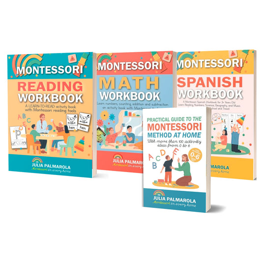 COMPLETE SET Montessori READ, MATH, and SPANISH Book & Workbooks Bundle (4 PAPERBACKS)