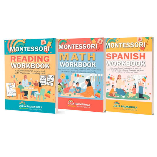 WORKBOOK SET Montessori READ, MATH, and SPANISH Workbooks Bundle (3 PAPERBACKS)